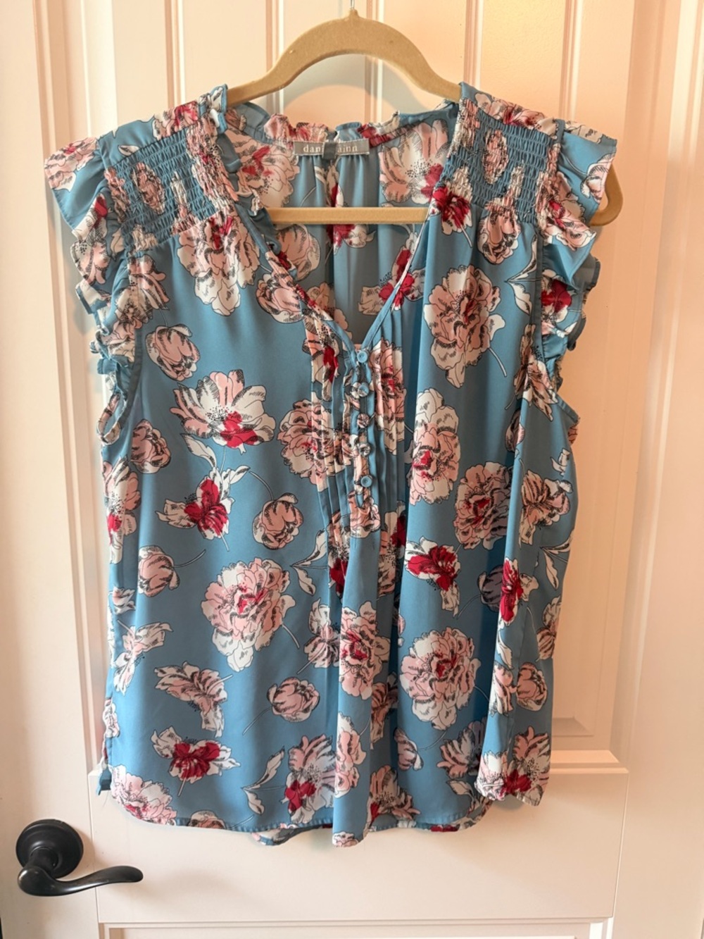Daniel Rainn Sky Blue Floral Ruffle Sleeve Blouse